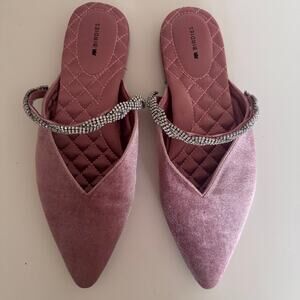 Birdies The Swan Pink Velvet Slip On Pointed Toe Crystal Mule Flats 9.5